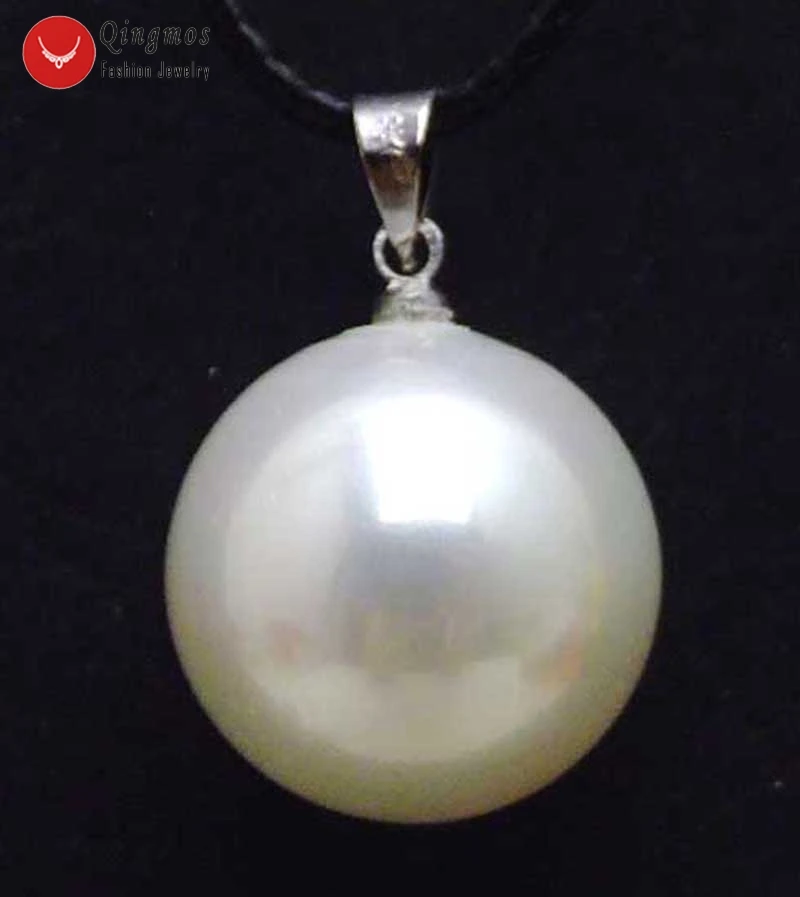 

Qingmos 18mm Round Luster White Sea Shell Pendant Necklace for Women Jewelry with Black Leather Cord 18" Chokers nec5934
