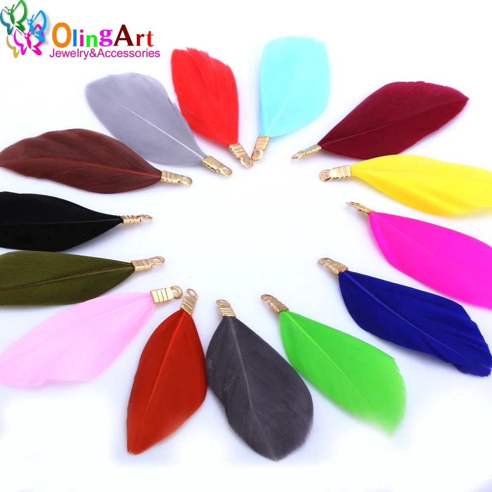 OlingArt Natural Feathers Multicolor 35MM 10pcs/Lot Golden Metal Clips DIY Necklace Earring Jewelry Making Straps Pendants