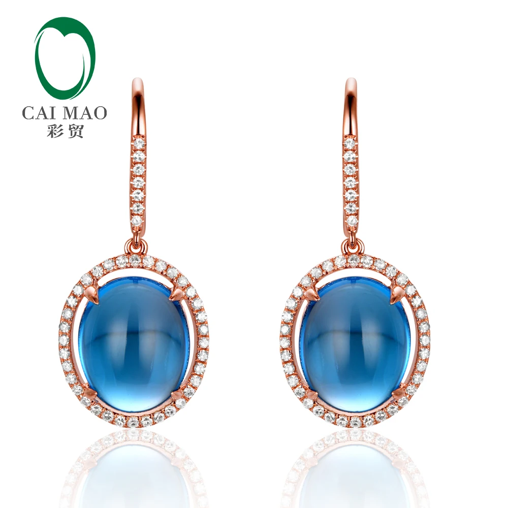 Caimao 14K Rose Gold Natural 10.50ct Cabochon Cut Blue Topaz Diamond Drop Earrings