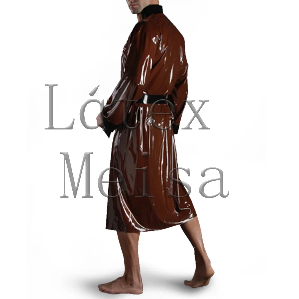 Casual latex bathrobe long sleeve bathing suit in brown color with front belt decoration for men