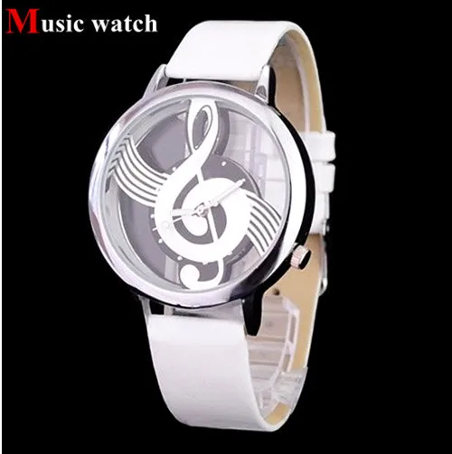 Music Shape Watch Round Dial Elegant Black White Leather Casual Watches Hollow Style Women Fashion Wristwatch