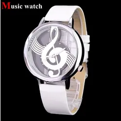 Music Shape Watch Round Dial Elegant Black White Leather Casual Watches Hollow Style Women Fashion Wristwatch