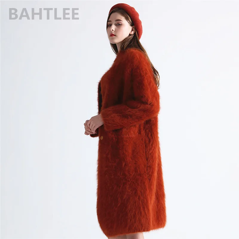 BAHTLEE-Women\'s Long Winter Sweater, Angora Rabbit Cardigans, Loose Fashion, Pearl Button Pocket, Very Thick, Keep Warm