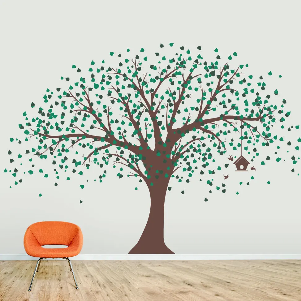 New Large Tree With Birdhouse Wall Sticker Living Room Vinyl Mural Kids Room Flying Birds Falling Leaves Decor Wall Decals LC234