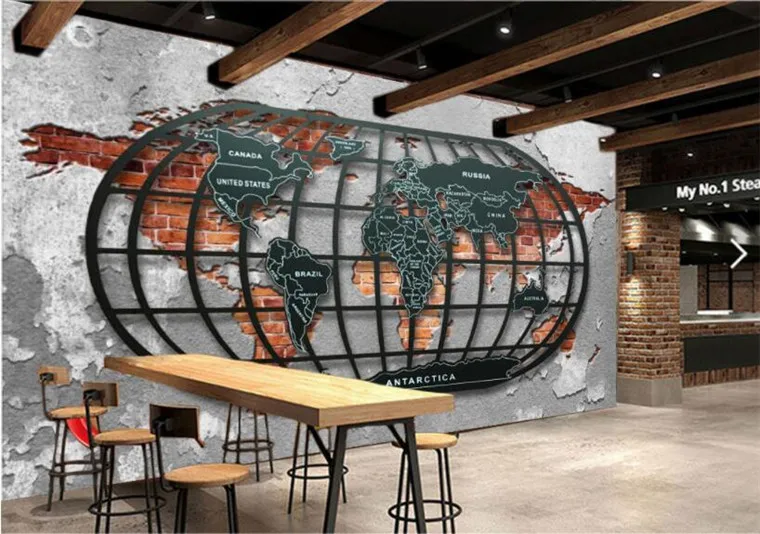 

Custom Wallpaper Retro Nostalgic Relief Metal World Map Bar Dining Background Wallpaper Decoration