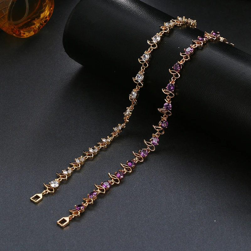 Emmaya Hot Sell   Gold Color Purple Crystal Bracelet Fashion Design Cubic Zircon Bracelets Bangles Luxury Wedding Bracelet