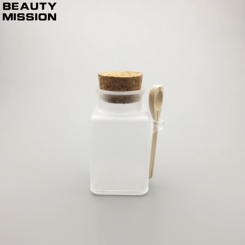 BEAUTY MISSION 12 X 200G ABS Square Bath Salt Bottle 200ml Powder Plastic Bottle with Cork Jar with Wood Spoon,Packaging Bottle