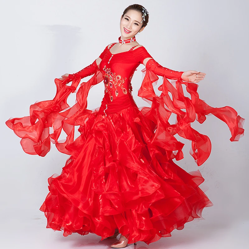 

Upscale Women Red/Rose red Big Swing Standard Ballroom Dance Long Dress,Tango/Waltz/Modern Stage Competition/Performance Costume