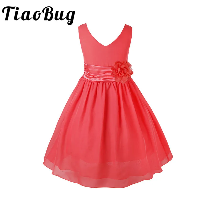 TiaoBug 2-14Y V-hals Zomer Chiffon Party Flower Meisjes Baljurk Prinses Keen Lengte Formele Trouwjurken Bridesbaid