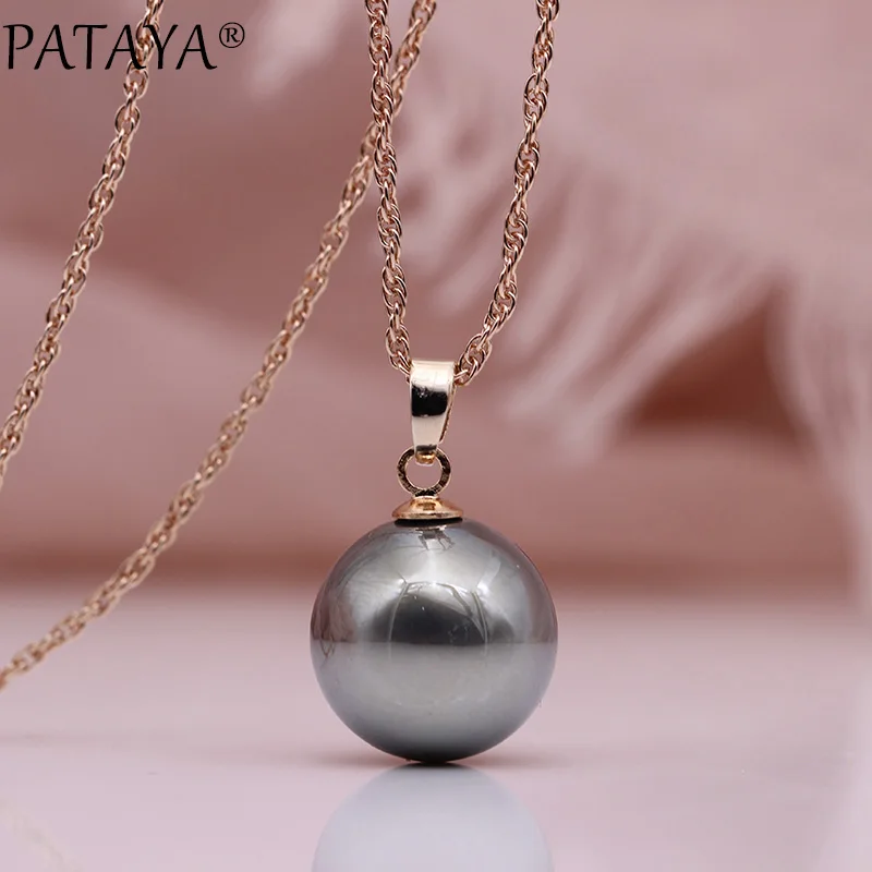 PATAYA Round Shell Pearls Long Necklaces 585 Rose Gold Color Women Wedding Jewelry Simple Gifts Party Multicolor Pendants