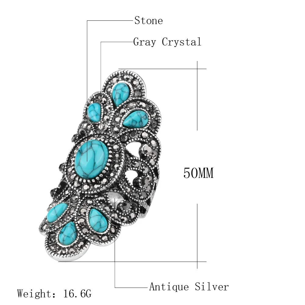 Fashion Ethnic Peacock Big Rings For Women Vintage Blue Stone Black Crystal Silver Color Ring Statement Bohemian Jewelry 2018