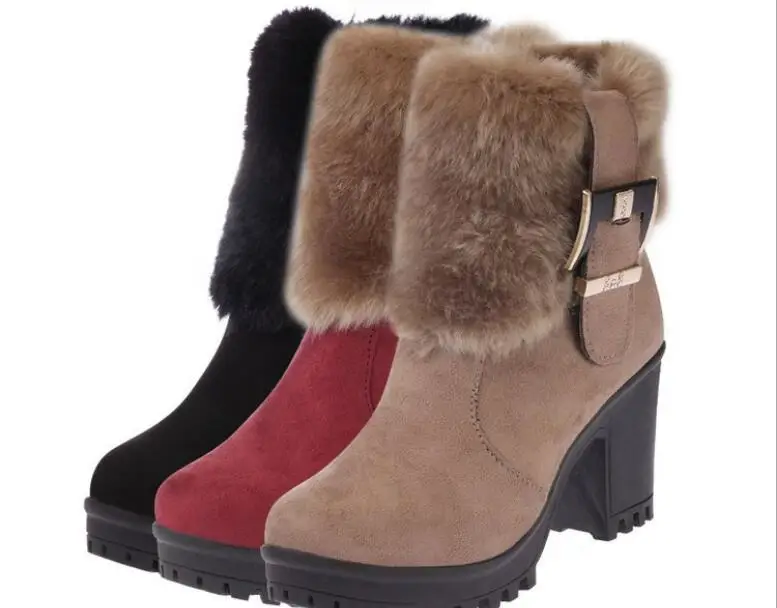 Fashion Women Casual Platform Female Suede Buckle Short Ankle Boots Shoes Block High Heels Winter Warm Faux Fur Snow Boots