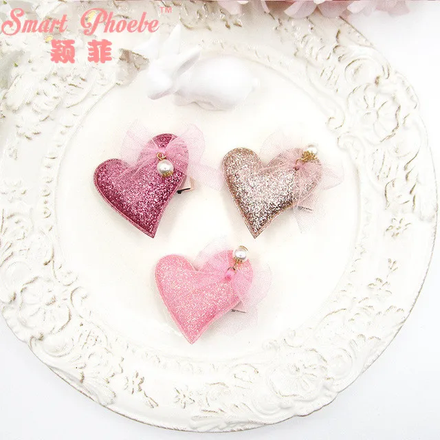 Boutique 15pcs Fashion Cute Glitter Heart with Lace Bowknot & Pearl Hairpins Solid Kawaii Cartoon Hair Clips Hair Accessories