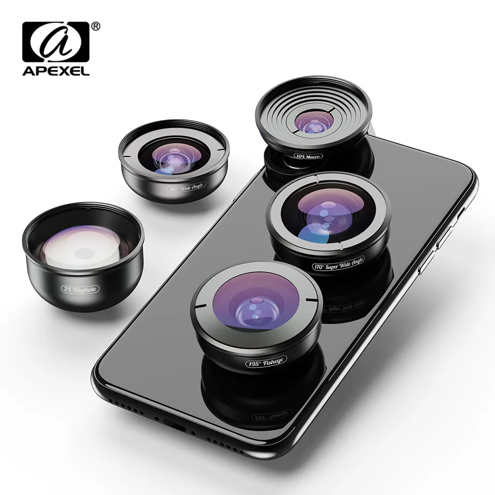 APEXEL 5in1 Mobile Phone Lens Case Kit Photography HD Fisheye Super Wide Angle 4K Macro Telescope Lens Set for Samsung iPhone