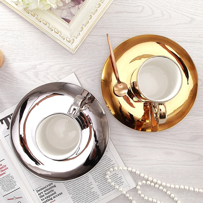 Hot Sale Europe Coffee Cup Set Gold/ Silver New bone china Tea Cup Set Electroplated cups and saucers Home Party Drinkware