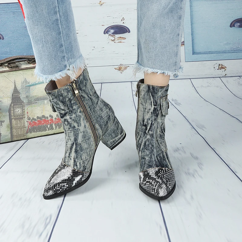 

Spring Python Leather Pointed toe Patched Denim Ankle Boots Women Street Washable Cowboy Pocket Chunky Heel Bottines Shoes