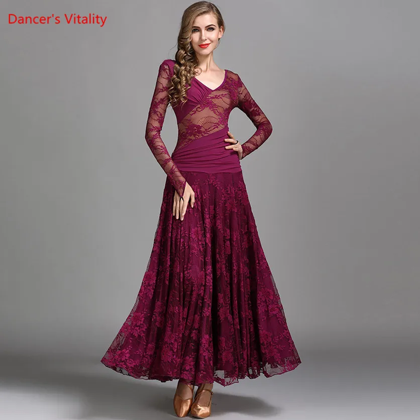 Ballroom Dance Kleid Leistung Kleidung Spitze Chiffon Große Schaukel Kleider Frauen Latin Ballsaal Walzer Wettbewerb Kostüme