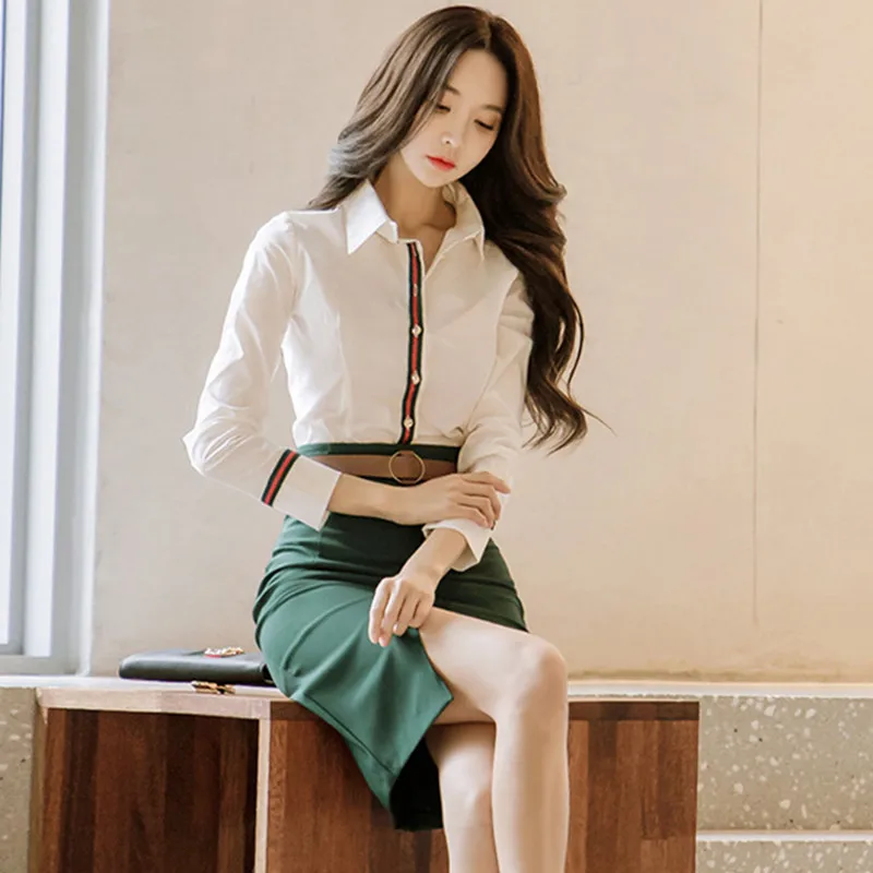 2 Piece Set Women Suit 2023 Spring Office Long Sleeves White Shirt Blouse Tops and Green Pencil Skirts Crop Top and Skirt Set