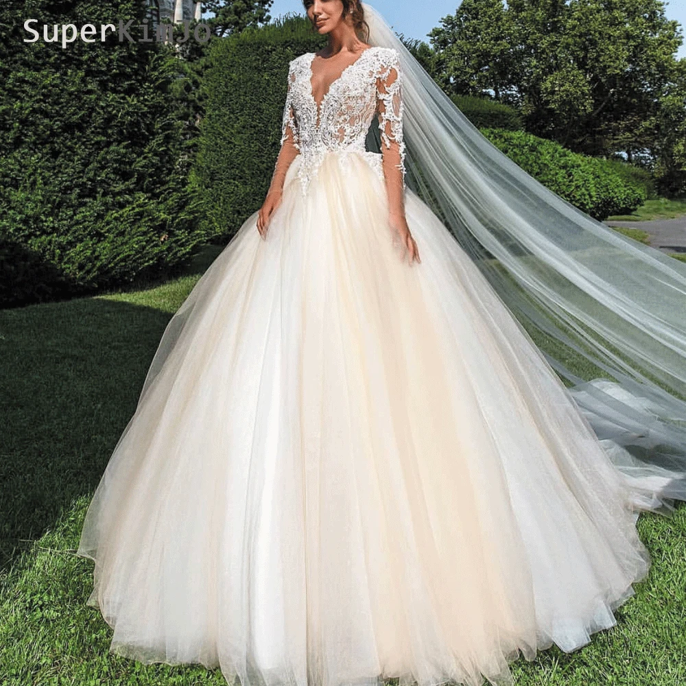 SuperKimJo Vestido De Noiva Applique Del Merletto Abito Da Sposa Abito Da Sposa In Rilievo Champagne Profondo Scollo A V Abiti Da Sposa Elegante