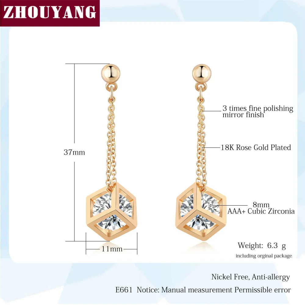 ZHOUYANG Top Quality Crystal Cube Drop Earrings Rose Gold Color Earring Jewelry  Austrian Crystal ZYE661 ZYE652