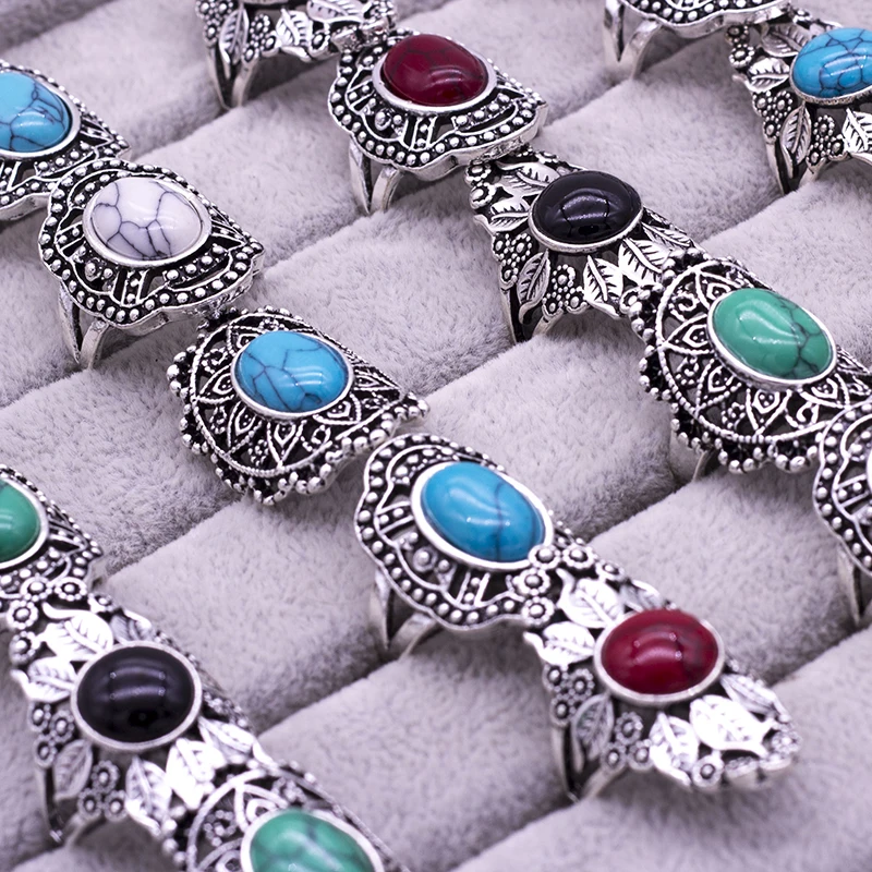 20pcs vintage stone Ring Tribal vintage retro ethnic women men unisex color mix styles alloy Jewelry wholesale lots rings