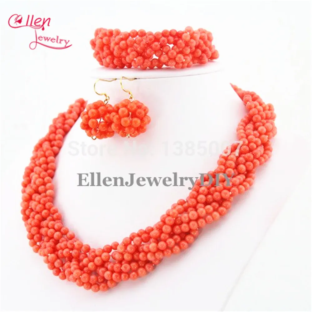 Charming Handmade Plait Orange Coral Jewelry Set Nigerian Wedding african beads Jewelry Sets TL1056