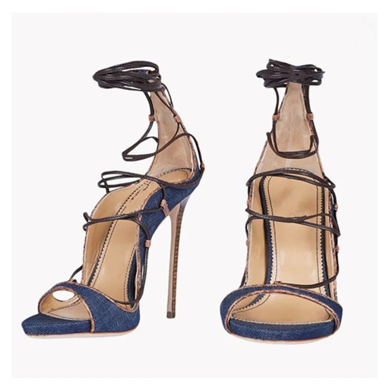 Designer Jeans di Jeans blu sandali con tacco alto donna bocca bassa fascia stretta stringata ritagliata scarpa da sera europea estiva