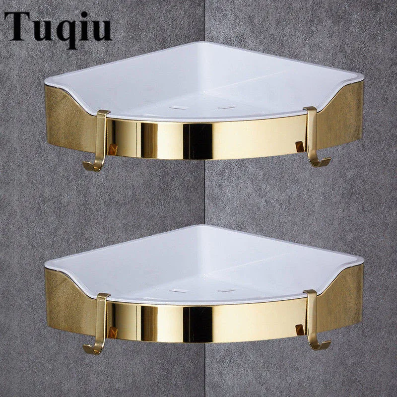 Bathroom Shelf with Hooks Double Tier Stainless Steel 304 Multi-functional Sturdy Corner Shelf Gold Wall Shelf Bathroom Rack