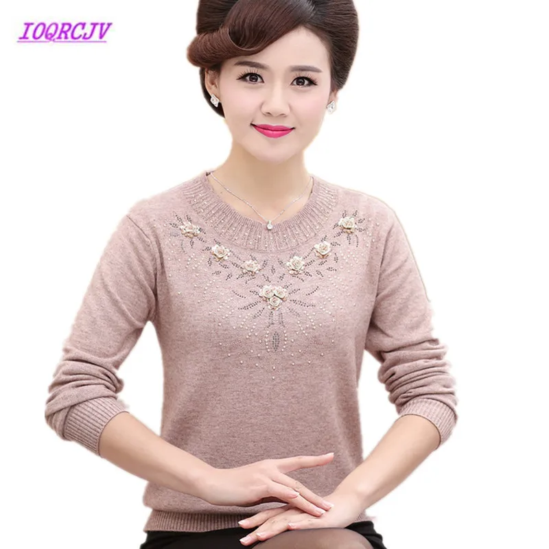 Middle-aged Women\'s Autumn Winter Sweaters Pullovers Thickened Warm Bottoming O-neck Wool Sweater Mother Dress Tops 4XL W1530