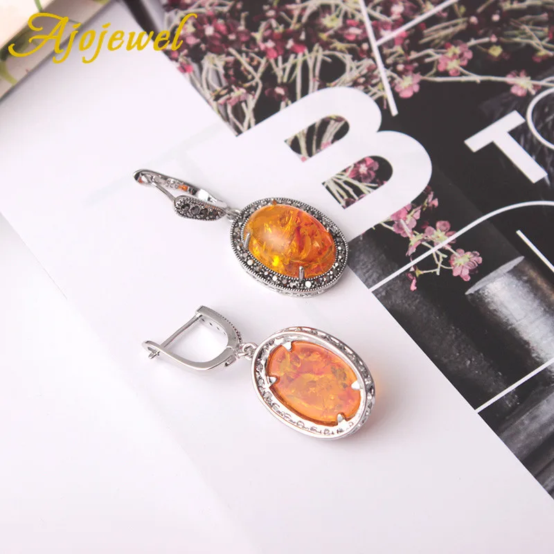 Ajojewel Simulated-amber Stone Earrings For Women Orange Bijoux Beautiful Fashion Retro Ladies Jewelry Unique Gifts