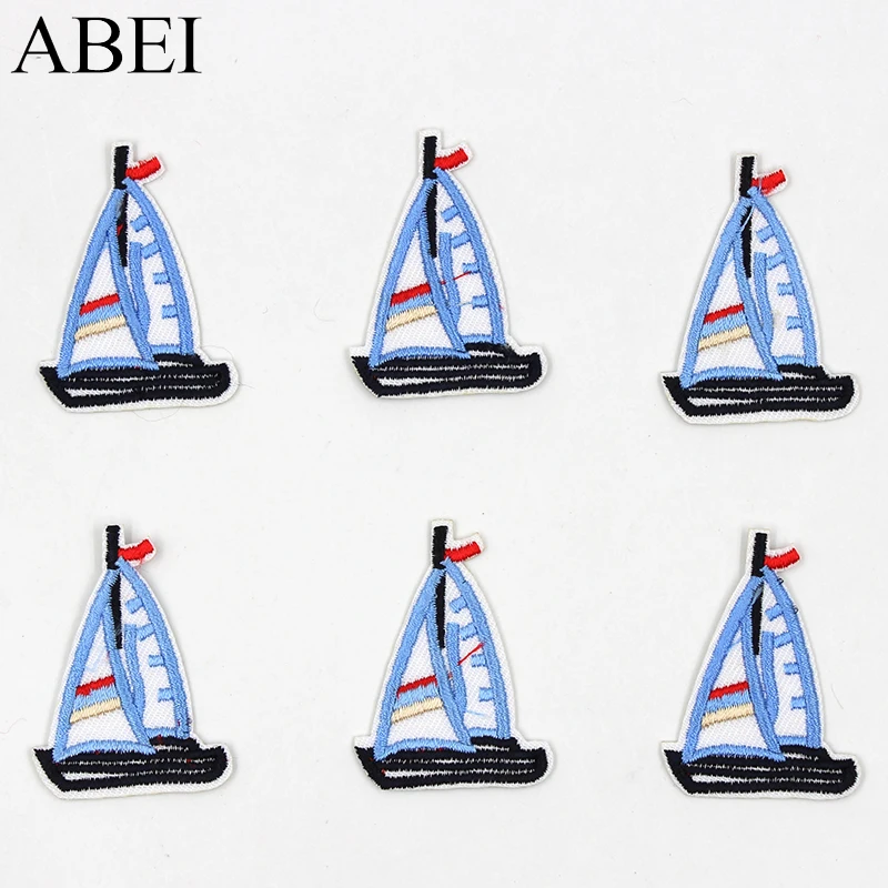 10pcs/lot Cartoon Blue Sailboat Patches Embroidered iron-on Appliqued Kids Apparel Bags Shoes Stickers DIY Patchwork Material