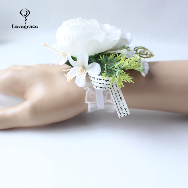 Lovegrace Buatan Tangan Mawar Putih Elastis Pergelangan Tangan Korsase Gelang Bunga Lapel untuk Saudara Pengiring Pengantin Pernikahan Aksesoris Perlengkapan