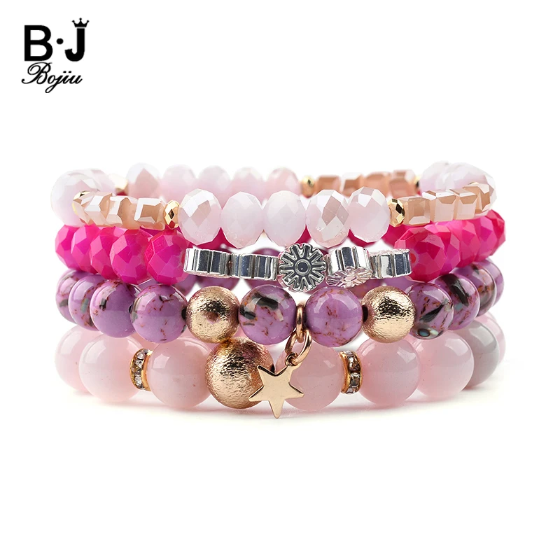 BOJIU 4 Pcs/Set Multiple Layers Natural Stone Crystal Bracelets Women Elastic Crystal Rhodonite Howlite Beads Bracelets BCSET254