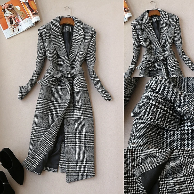 New Autumn Winter Women\'s Slim Long Woolen Coat Jacket + High Waist Plaid Skirt Two Pieces Professional Skirt Suit