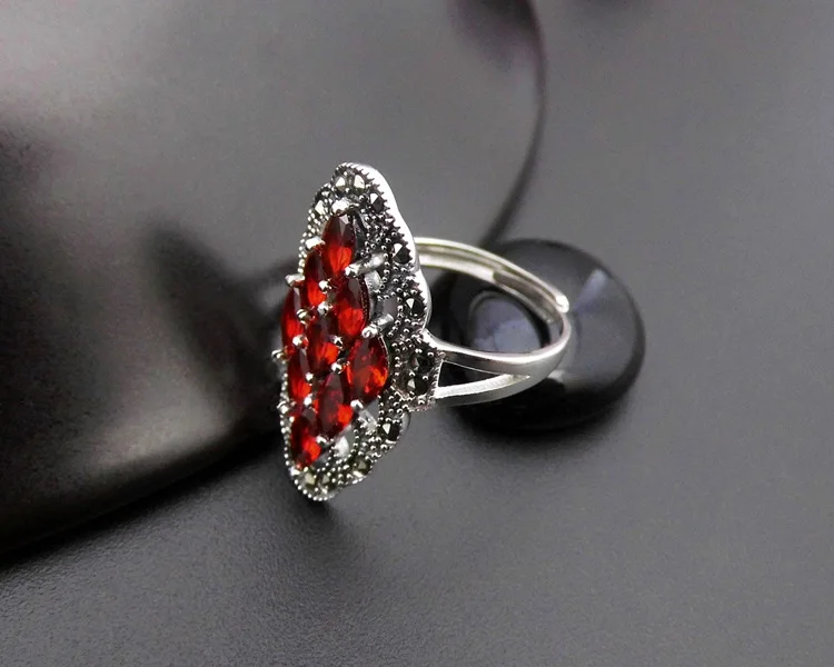 KJJEAXCMY fine jewelry 925 sterling silver Thai silver vintage garnet nine stone index finger opening ring new lady