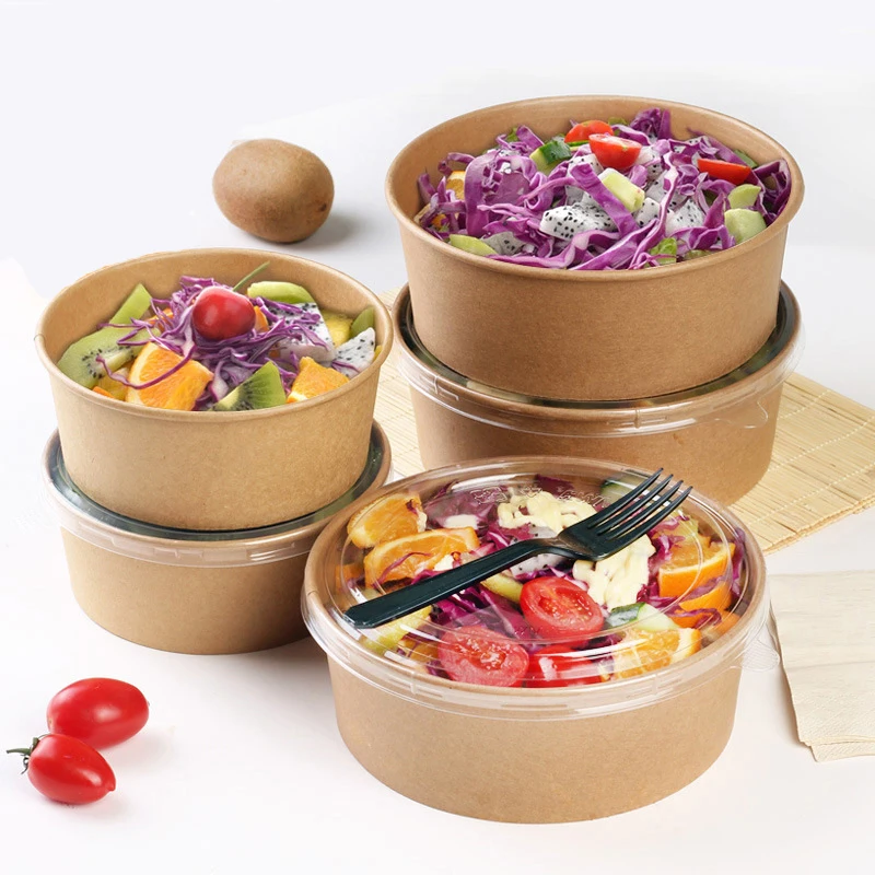 Food Grade Disposable Kraft Paper Salad Packing Box, Breakfast Fast Food Tray with Lid, Take-away Tray