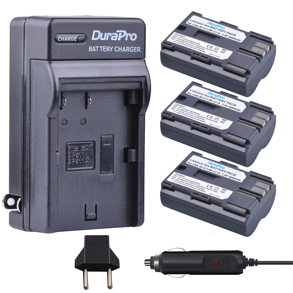 

DuraPro 3pc 7.4V 1800mAh BP-511 BP 511 Camera Battery + Car Charger for Canon BP-511 BP-511A BP 511A 50D 40D 30D D60 D30 5D