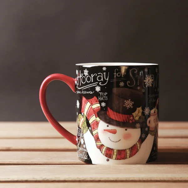 

High Quality Christmas Mugs Ceramic Handgrip Porcelain Snowman Coffee Cup Zakka Thicken 450ml Black Red Cups and Mugs Wholesale