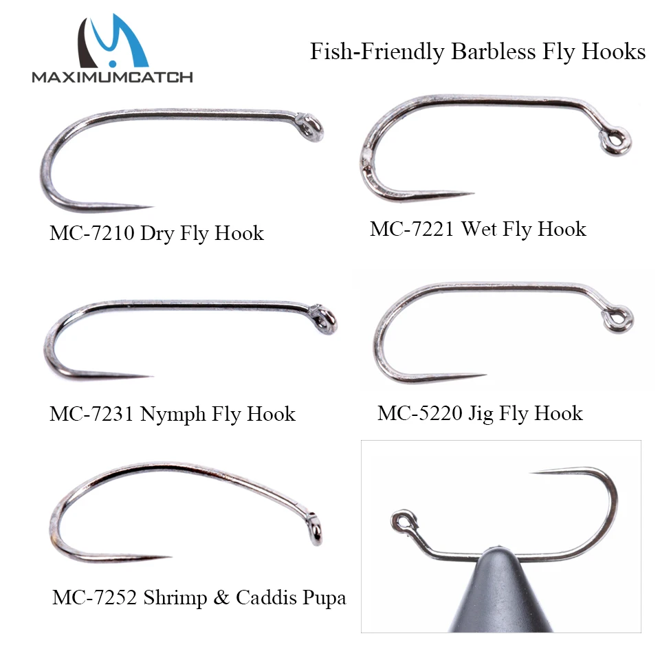 Maximumcatch 100pcs 6/8/10/12/14/16/18 Fish-Friendly Barbless Fly Tying Hook+ Dry Wet Nymph Shrimp Caddis Pupa Jig Fishing Hooks