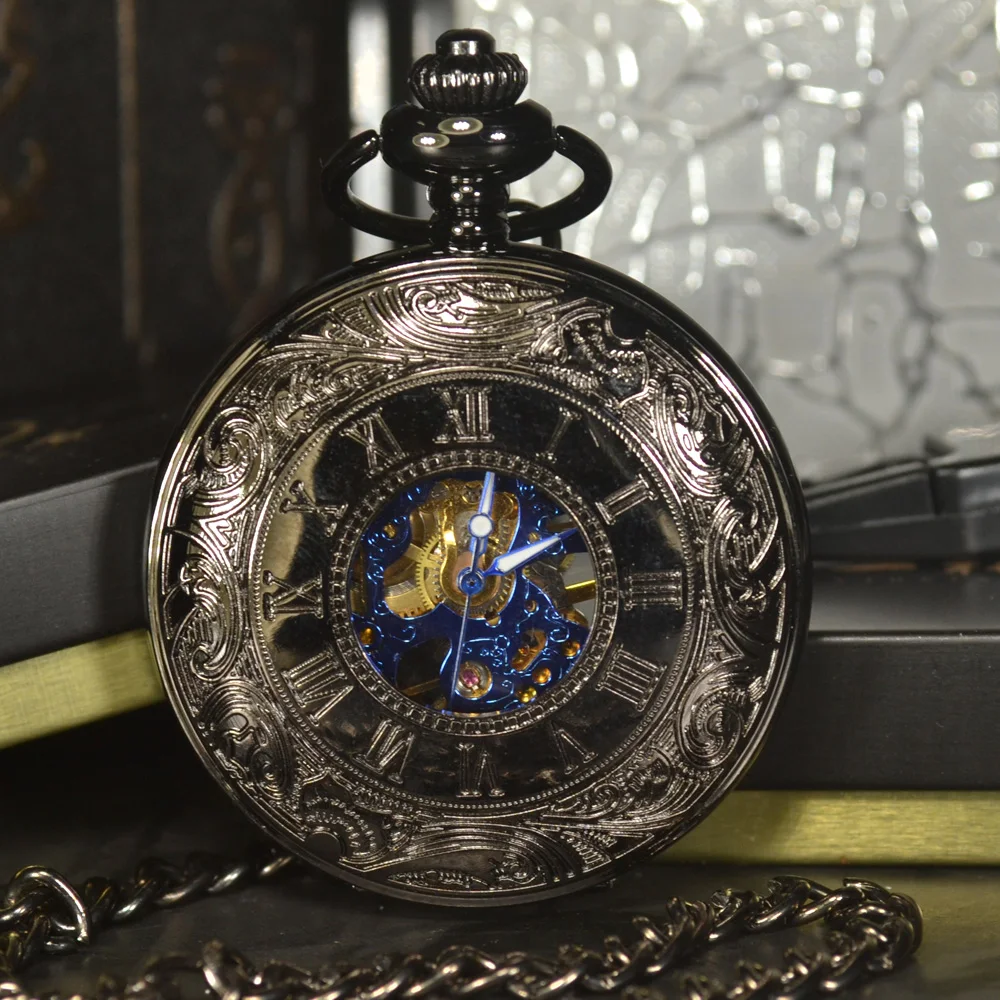 TIEDAN Steampunk Luxury Fashion Antique Skeleton Mechanical Pocket Watch Men Chain Necklace Casual Pocket & Fob Watches Blue