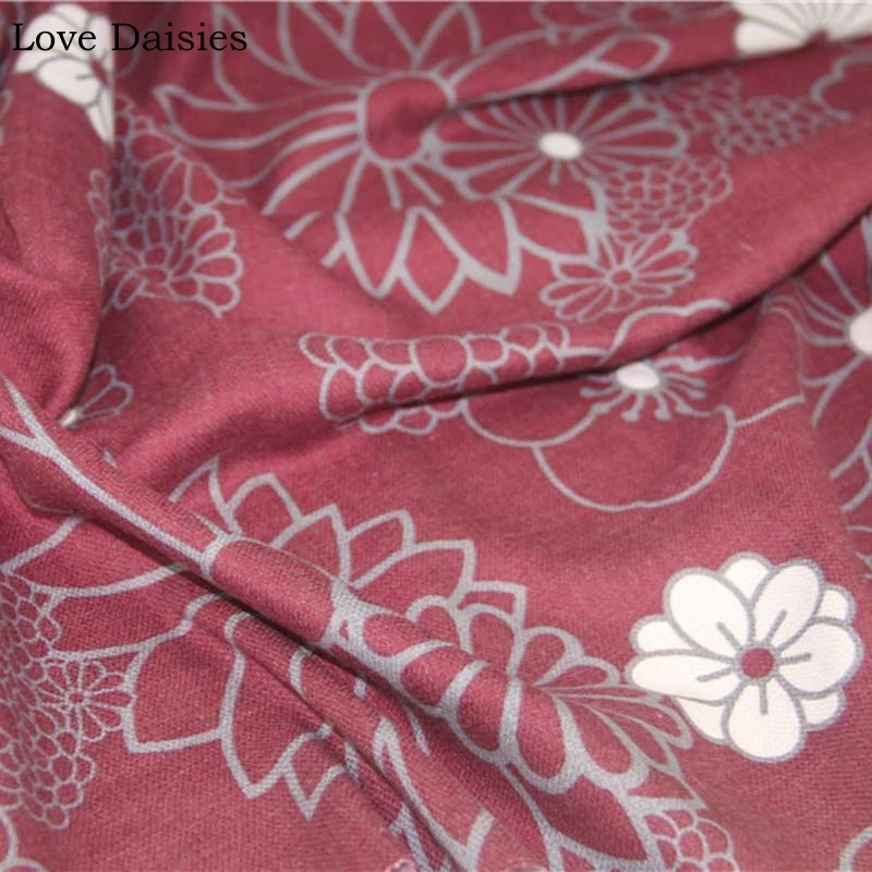 Cotton/Polyester DARK RED Sand Washing Big White Flower Printed Fabrics Tissue for DIY Cushion Curtain Tablecloth Home Decor