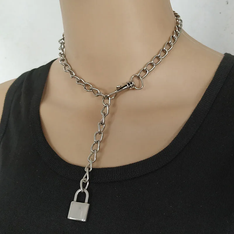 Handmade Punk Rock Men Women Lock Pendant Choker Unisex Cool Gothic Necklace PadLock Pendant Chain Collar