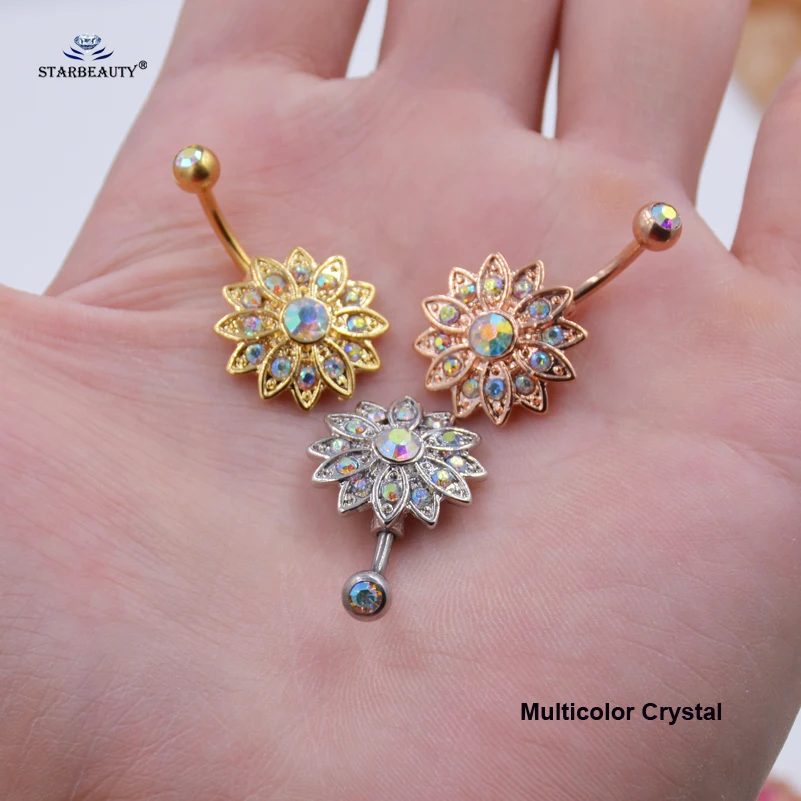 Starose Rhinestone Lotus Belly Piercing Nombril Belly Button Rings Navel Piercing Ombligo Dance 14G Navel Bar