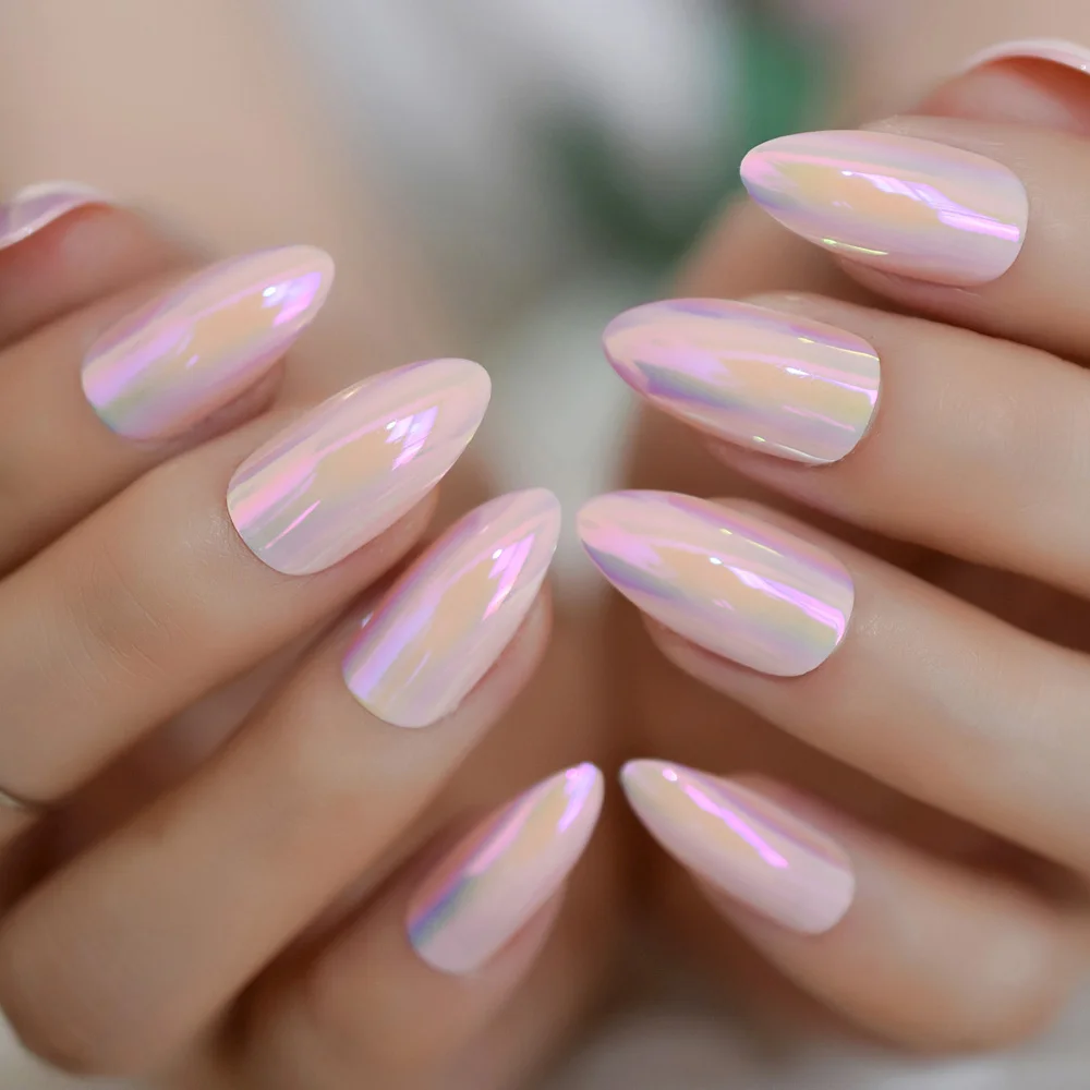 Nastro adesivo popolare per nail art olografico di mandorle rosa chiaro Specchio medio Nuovi suggerimenti per unghie Specchio lucido 24 pezzi