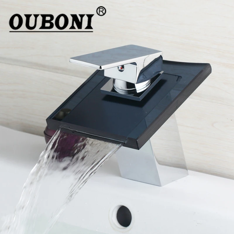 OUBONI Waterfall Black Square Glass Bathroom Sink Faucet Mixer Tap Chrome Polish Single Handle