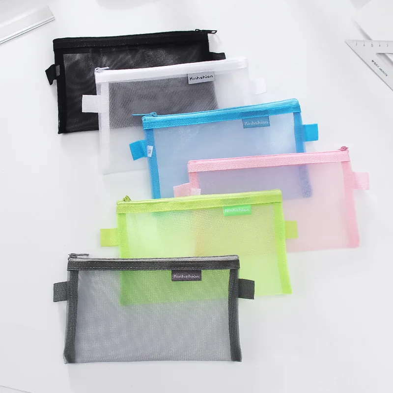 

Fashion Transparent Mesh Net Yarn Zipper Pen Pencil Case Student Pencil-Case Stationery Women Cosmetics Storage Makeup Bag