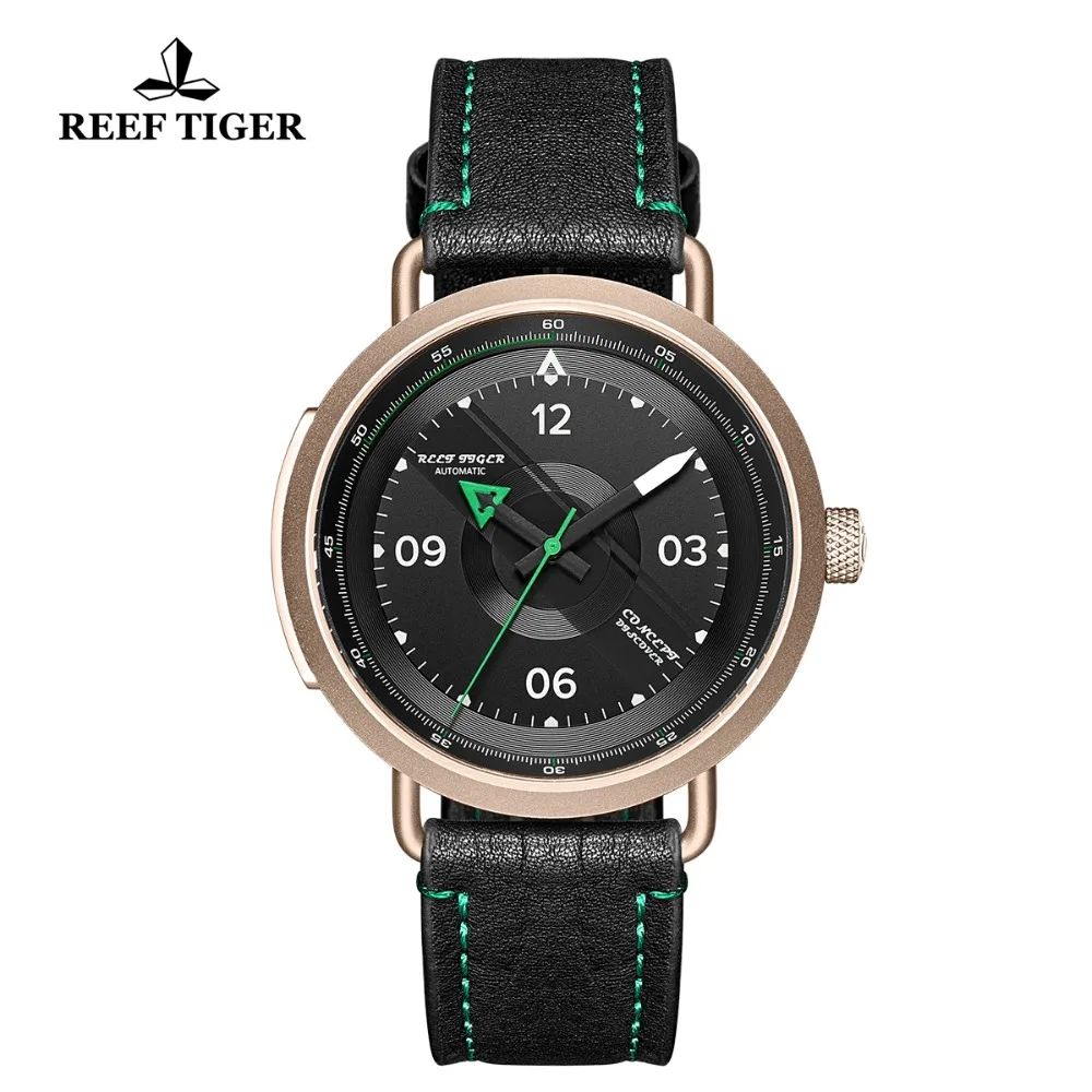 Reef Tiger/RT Luxury Watches Men Black Dial Rose Gold Leather Strap Sport Watch Waterproof Automatic Watch reloj hombre RGA9055