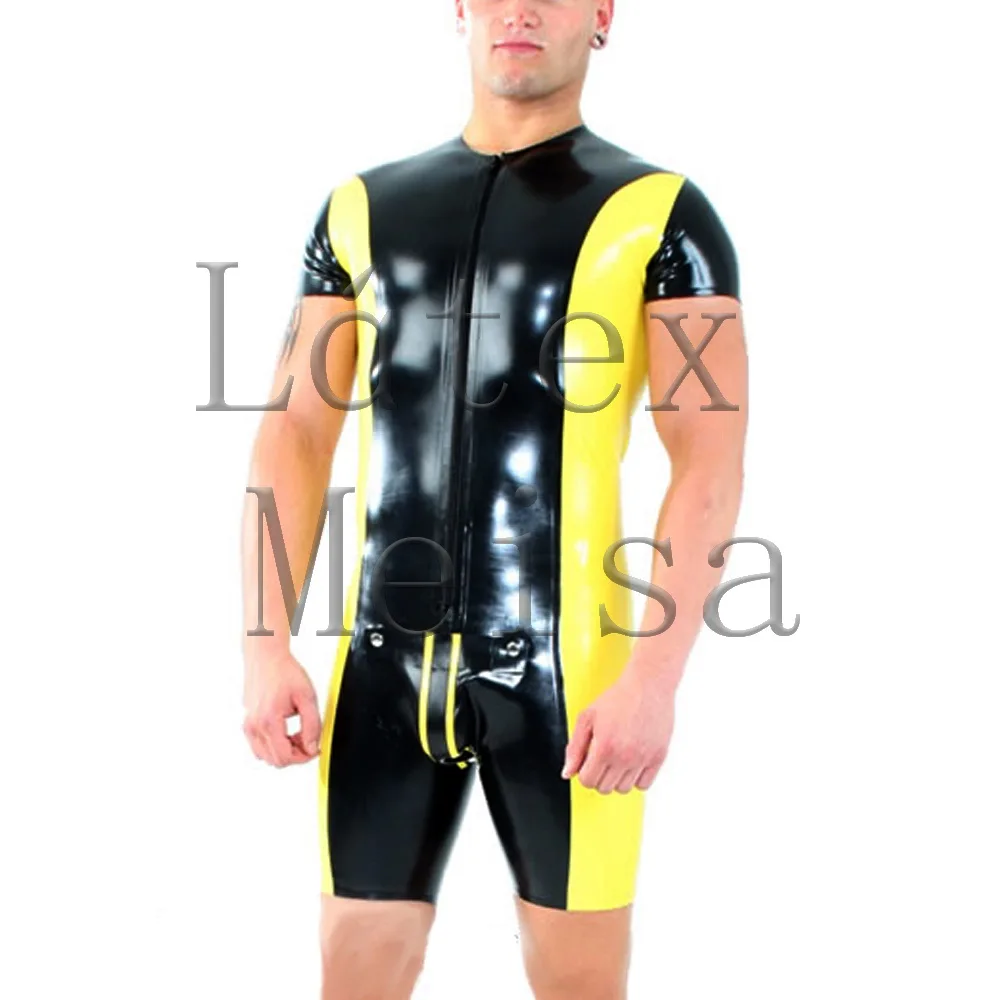 Latex zentai short sleeve catsuit male's zentai attached cod piece andwith front zip to ass main in black with yellow trim color