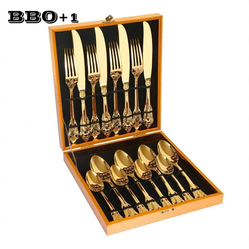 

16pcs Gold Dinnerware set Luxury Golden Plated Wedding Retro Tableware Stainless Steel Cutlery Silverware in Box Christmas Gift