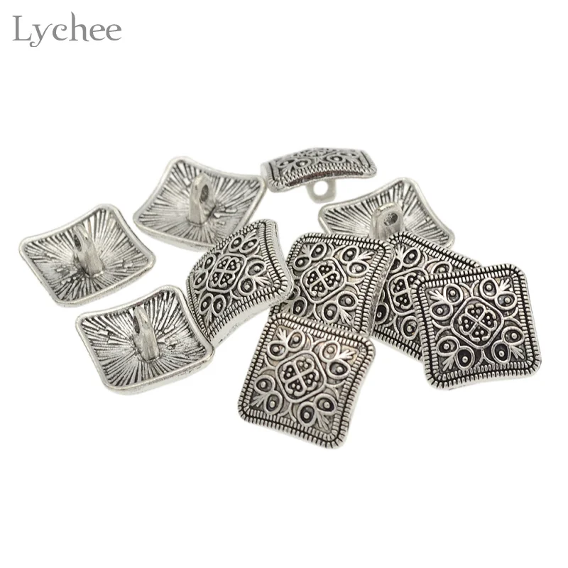 Lychee Life 10pcs Square Silver Flower Metal Shank Button Carved Jeans Button DIY Sewing Craft 13x13mm